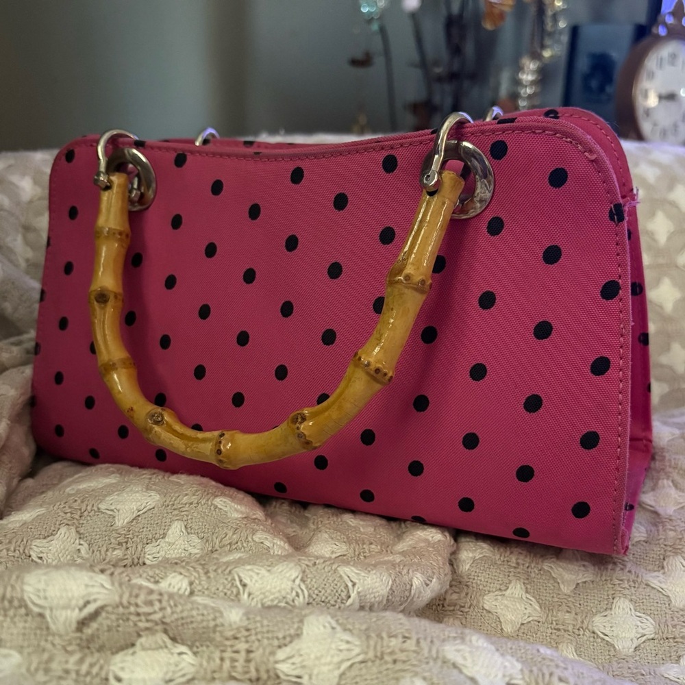 Vintage handbag hot pink Black Polka Dot  Bamboo‎ Handles original condition!